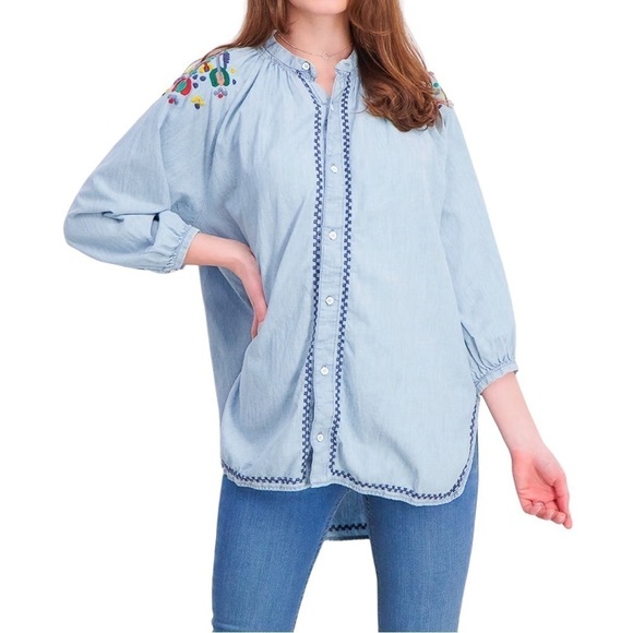 Lucky Brand chambray button down peasant shirt with floral embroidery - Picture 10 of 10